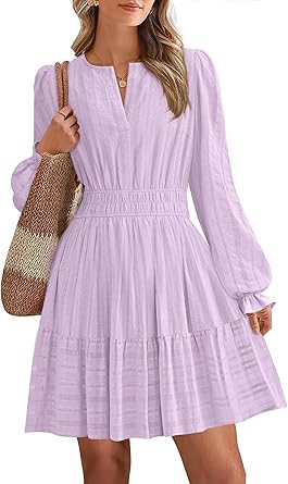 BTFBM Mini Dresses for Women 2025 Casual Lightweight Long Sleeve V Neck A Line Elastic Waist Party Holiday Dress