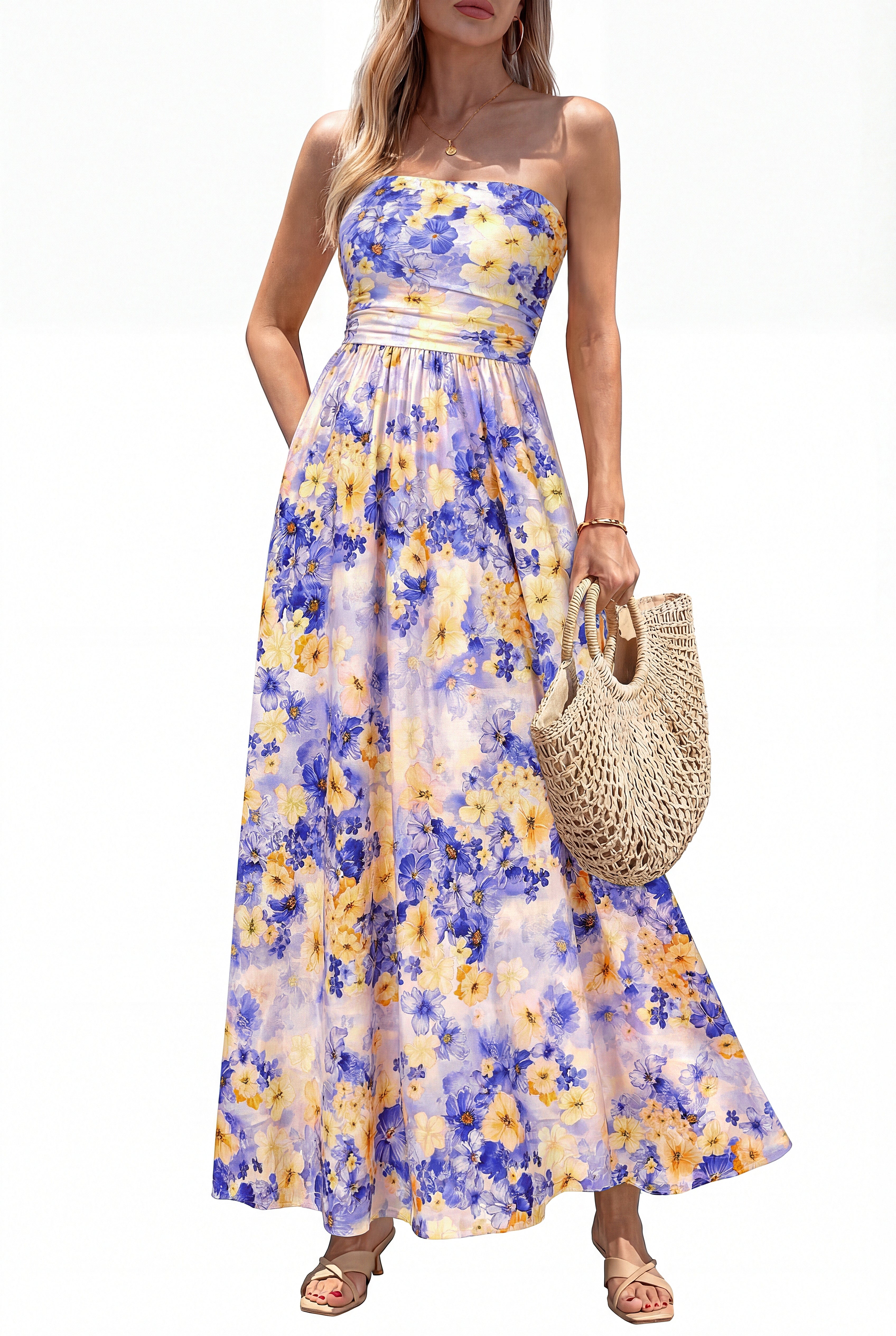 BTFBM Womens Summer Dresses 2026 Strapless Tube Top Elastic Waist Floral Beach Vacation Outfits Boho Maxi Dress Pockets