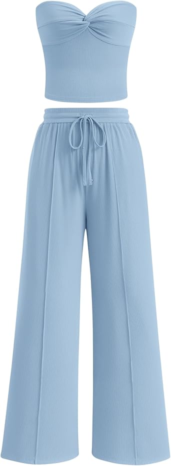 BTFBM Two Piece Sets For Women Summer Ribbed Strapless Twist Knot Tube Top Pants Set Casual 2026 Beach Vacation Outfits