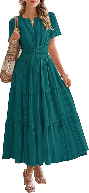 BTFBM Womens Summer 2025 Casual Midi Maxi Dresses Lightweight Short Sleeve V Neck Elastic Waist Boho Beach Dress Pockets