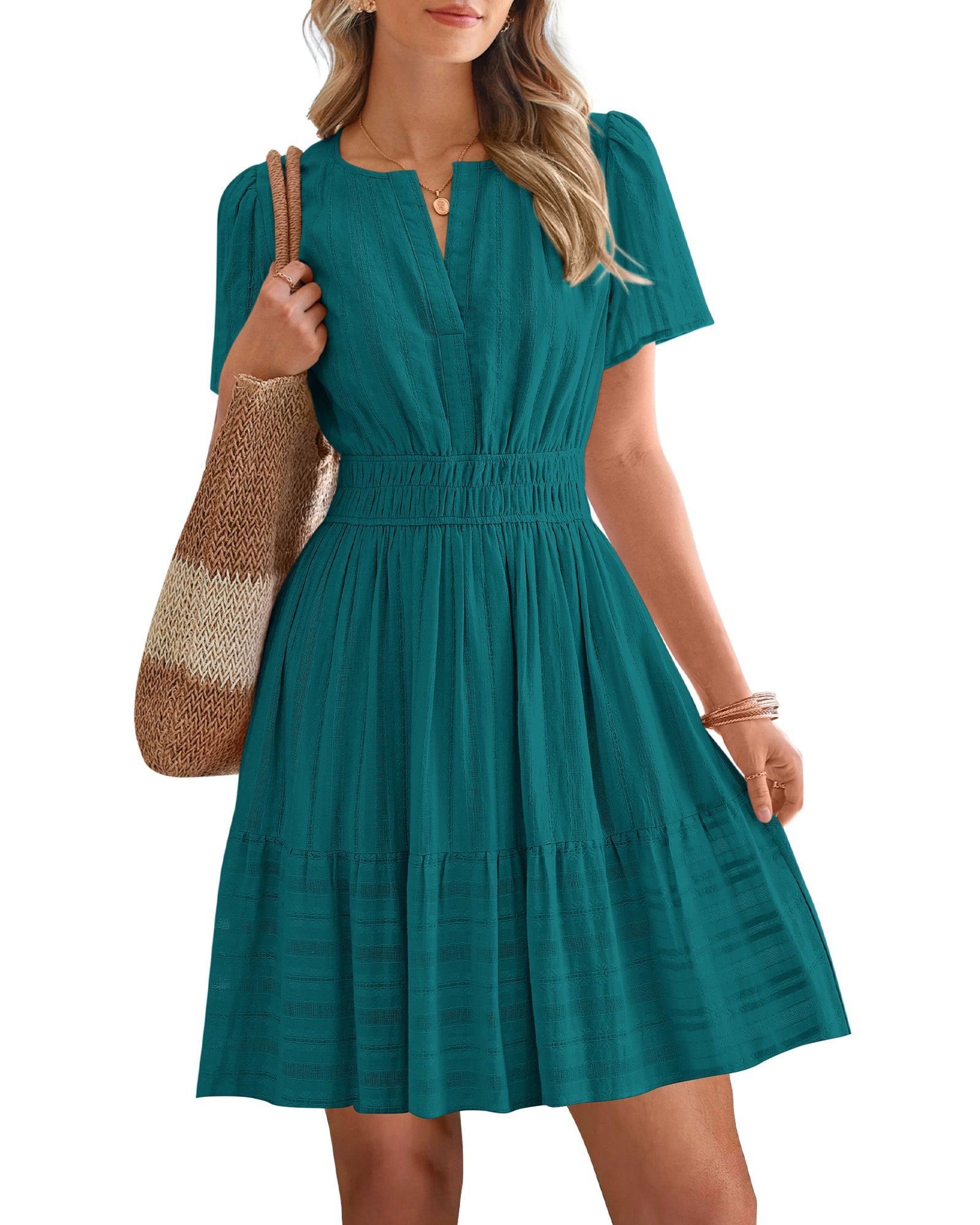 BTFBM Womens Spring 2026 Casual Mini Dresses Lightweight Short Sleeve V Neck Elastic Waist Cute Boho Beach Dress Pockets