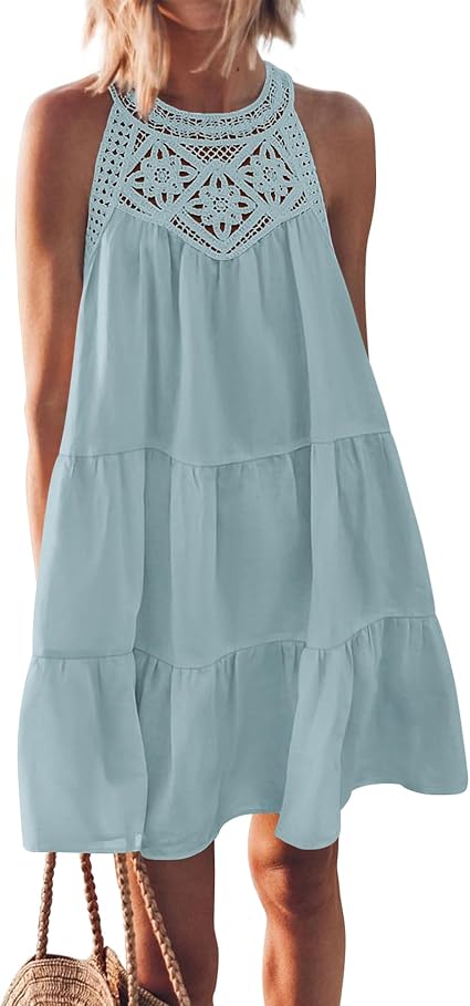 BTFBM Summer Dress for Women 2026 Spring Boho Fashion Halter Neck Sleeveless Loose A-Line Mini Beach Vacation Sundress