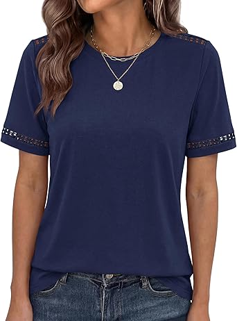 BTFBM Womens Summer Tops Lace Short Sleeve Shirts 2026 Spring Casual Loose Crew Neck Cotton Knit Cute Business Blouses