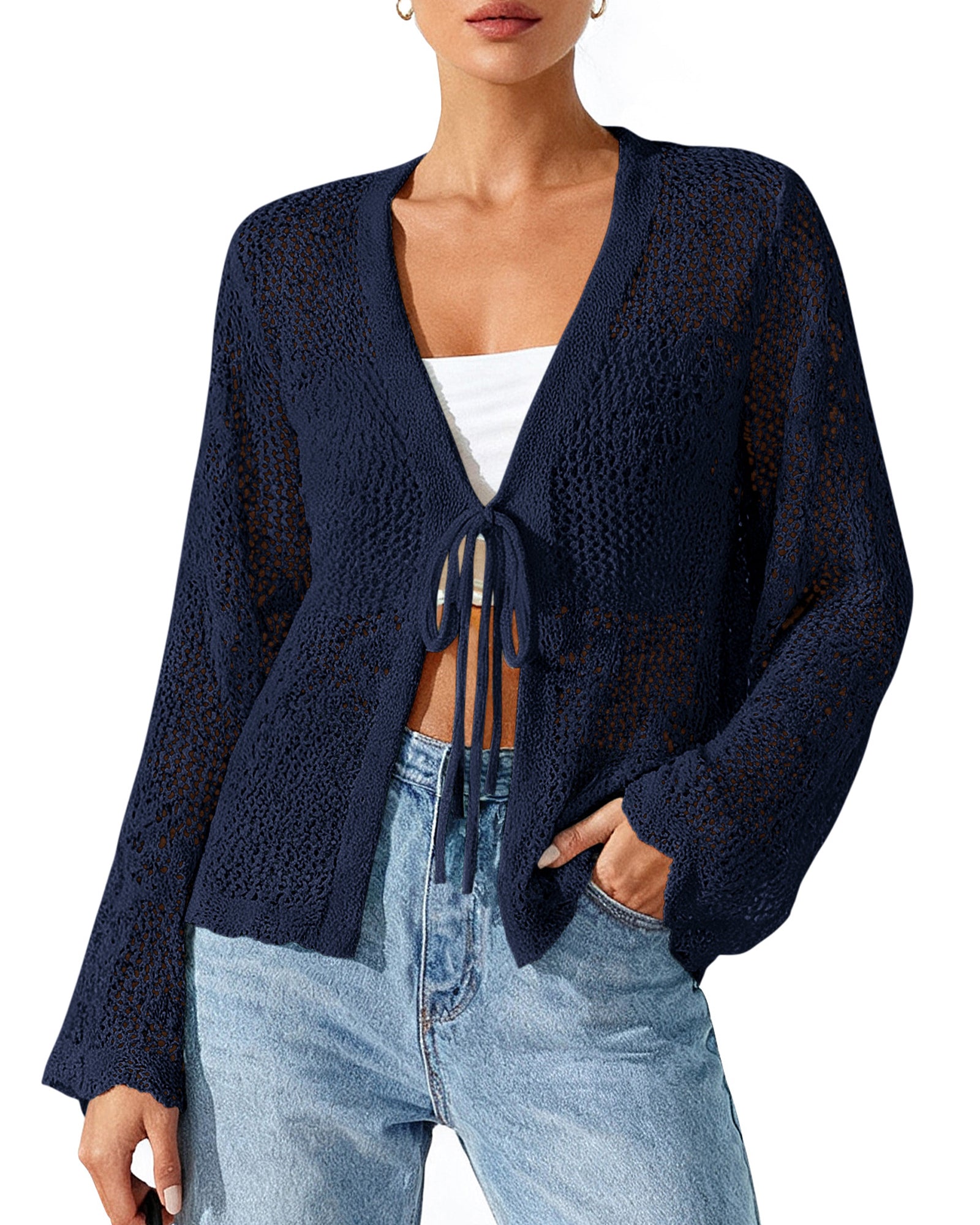 BTFBM Summer Cardigans For Women Lightweight 2026 Spring Crochet Mesh Long Sleeve Tie Front Knit Beach Vacation Outfits