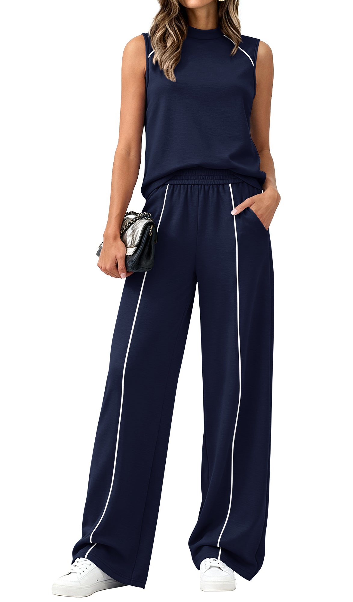 BTFBM Two Piece Sets for Women Summer Outfits 2026 Lounge Sets Mock Neck Tops Wide Leg Pants Travel Fashion Clothing