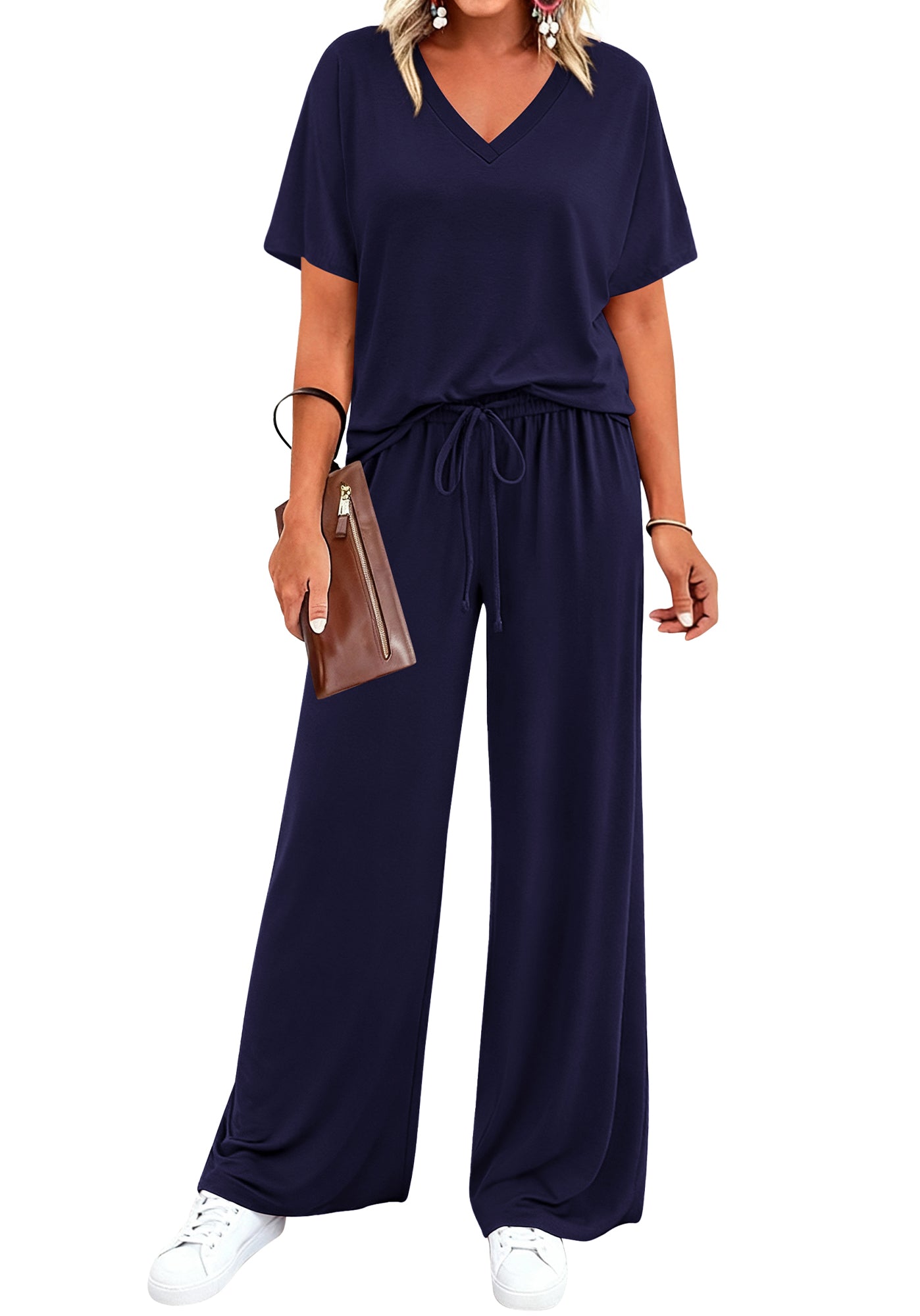 BTFBM 2 Piece Sets for Women Summer V Neck Short Sleeve Lounge Set Wide Leg Pants Matching Set Airport Travel Outfits