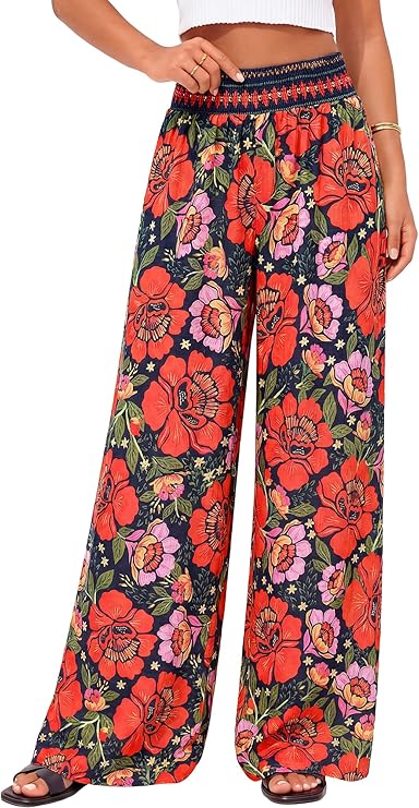 BTFBM Floral Wide Leg Pants Woman Spring Summer 2026 Smocked Elastic Waist Long Pant Resort Wear Beach Vacation Outfits