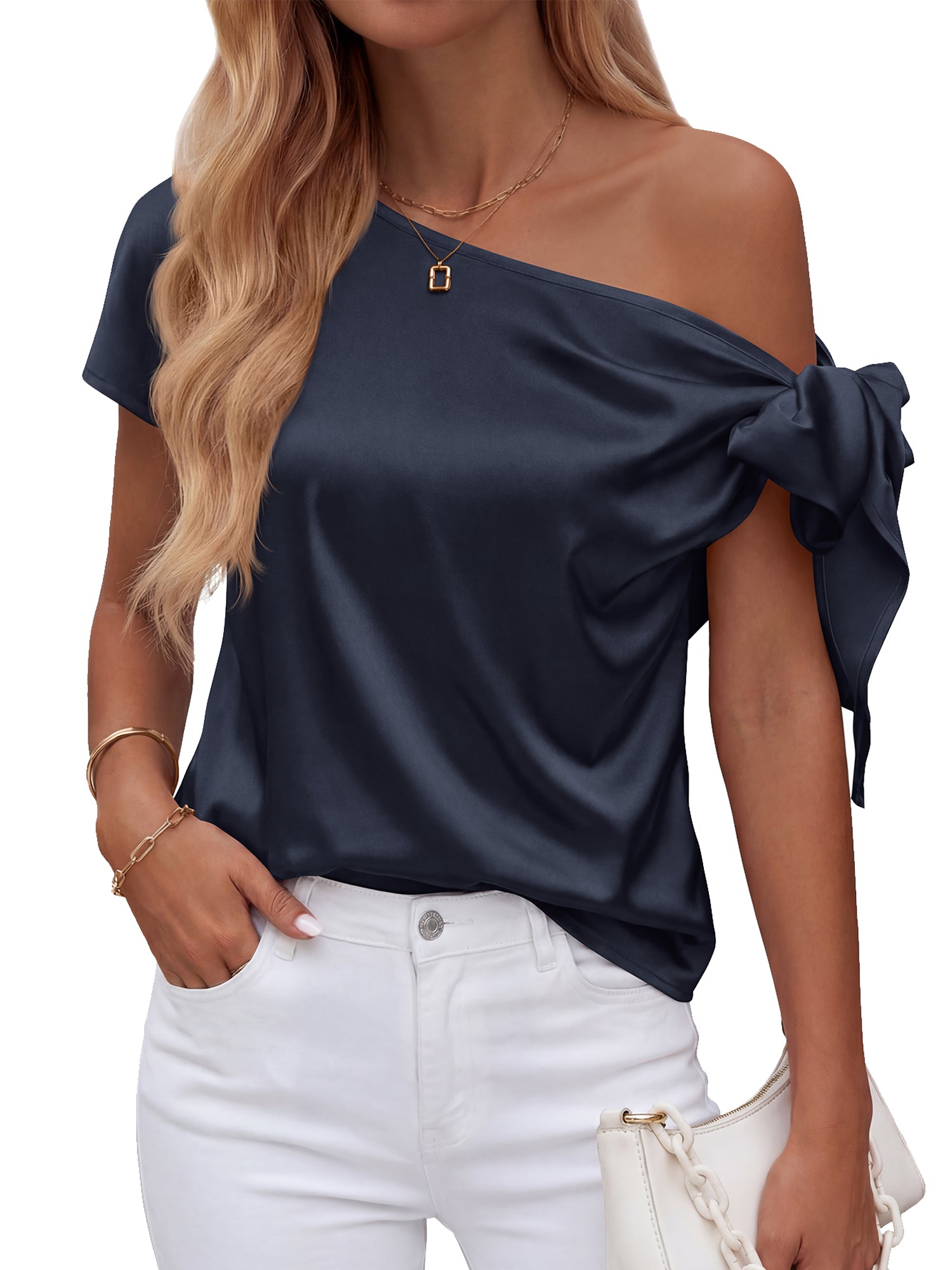 BTFBM Off The Shoulder Tops for Women Summer 2026 Short Sleeve Satin Blouse Shirts Silk Y2K Going Out Top Beach Vacation