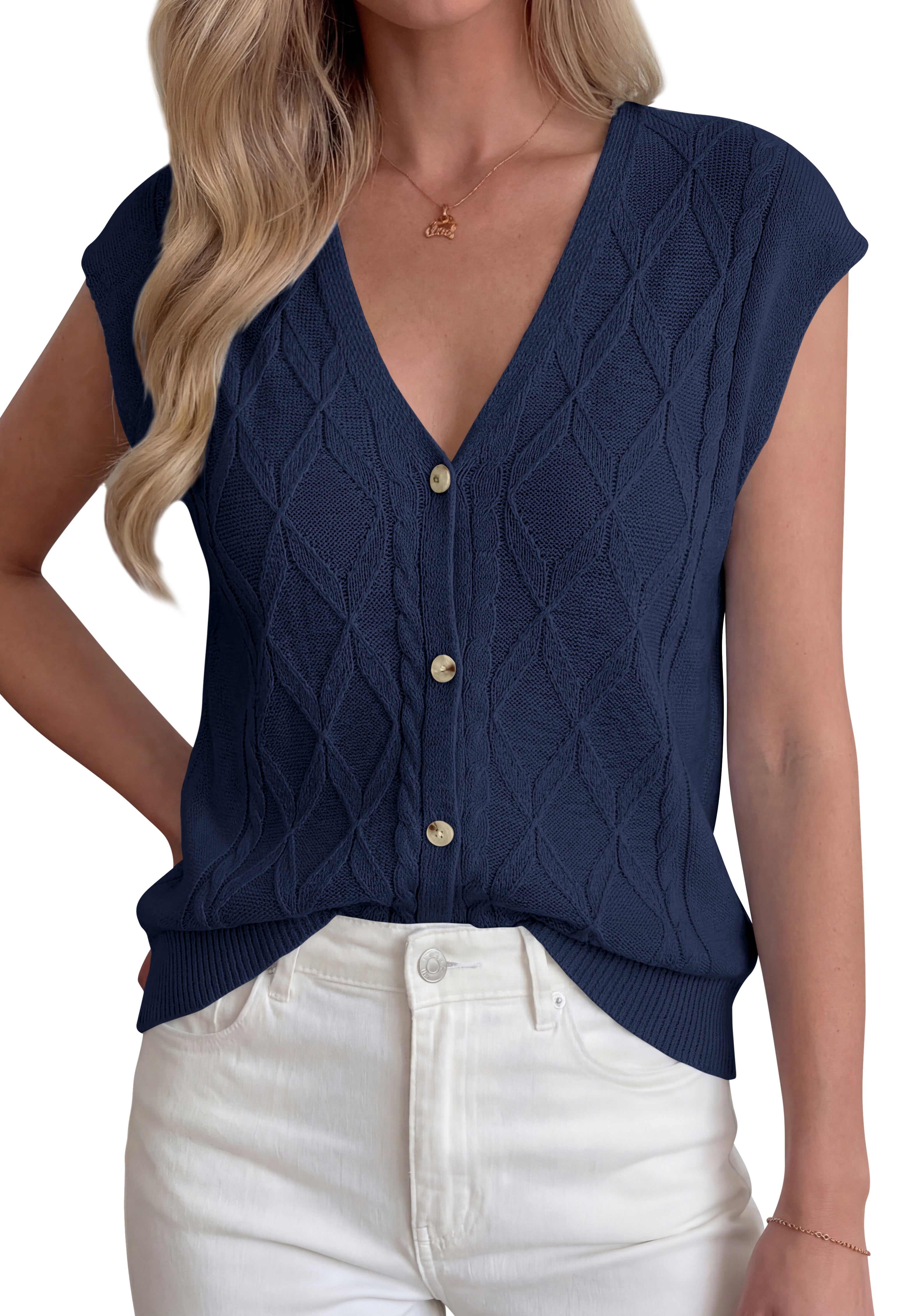 BTFBM Sweater Vest Women V Neck Cap Sleeve Button Down Knit Tops Spring Summer 2026 Casual Lightweight Cardigan Vests