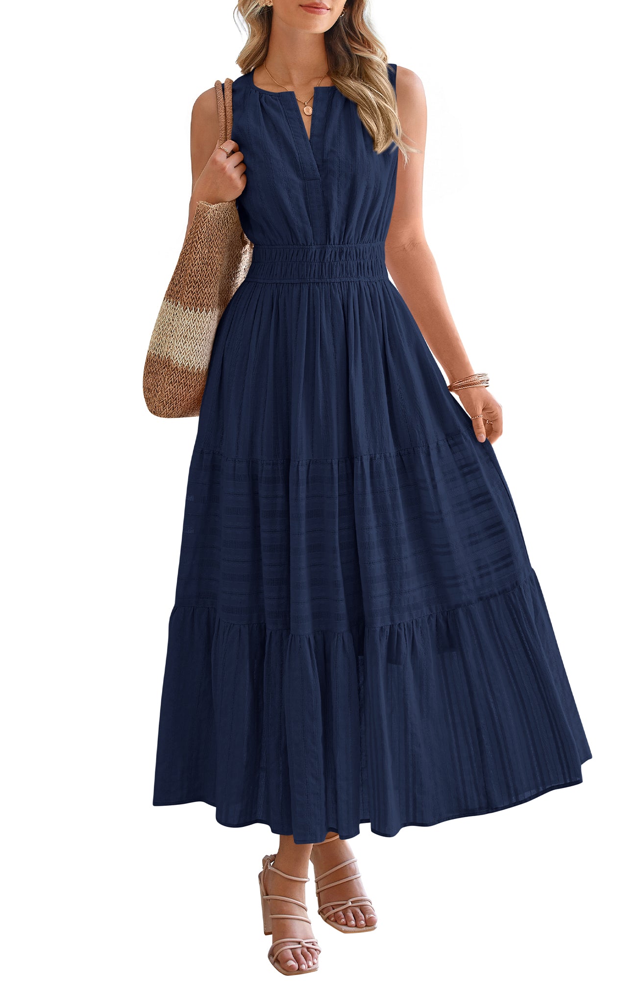 BTFBM Summer Dresses for Women 2026 Sleeveless Boho V Neck A Line Flowy Spring Casual Maxi Dress Beach Vacation Pockets