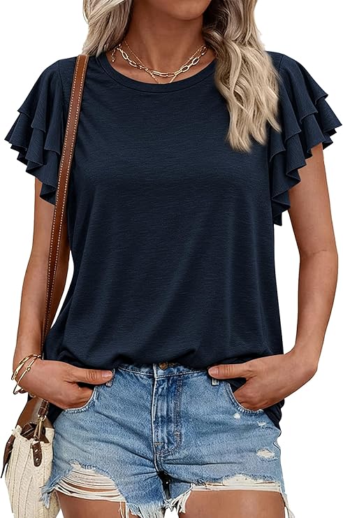 BTFBM Summer Tops for Women 2026 Crew Neck Ruffle Short Sleeve Shirts Loose Tunic Casual Spring Blouses