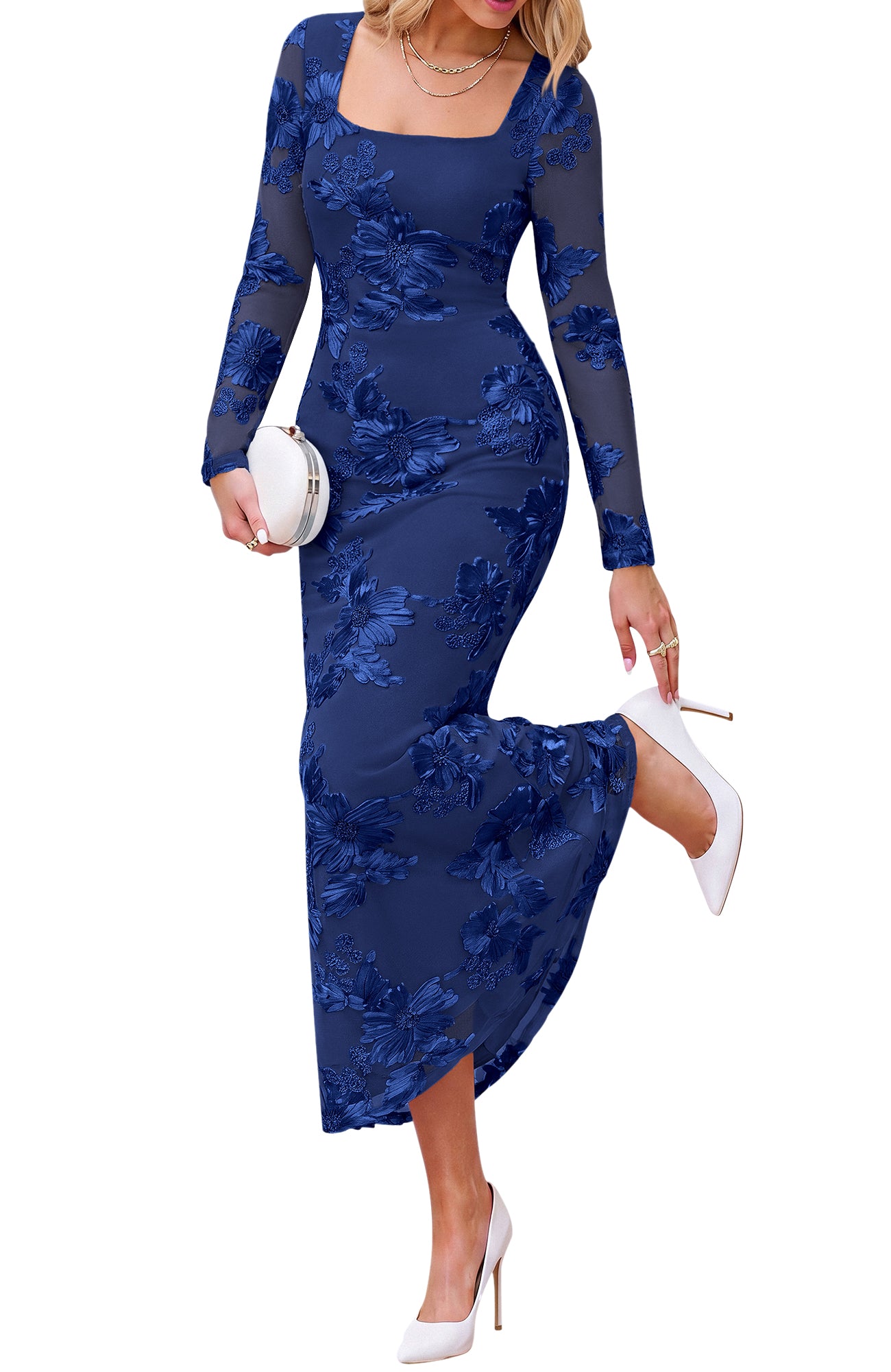 BTFBM Womens Long Sleeve Bodycon Floral Mesh Maxi Fall Wedding Guest Dress