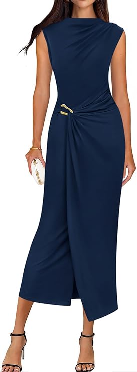 BTFBM Dresses for Women 2026 Summer Clothes Formal Bodycon Mock Neck Cap Sleeve Midi Party Cocktail Wedding Guest Dress