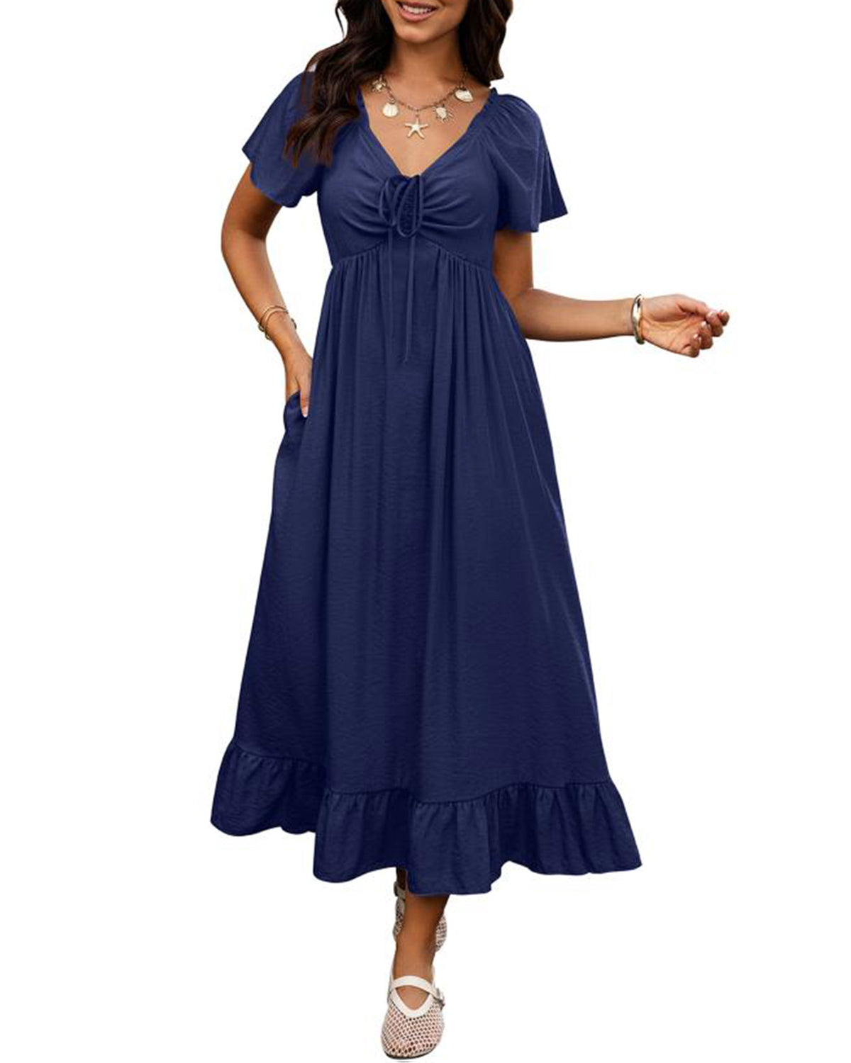 BTFBM Womens Summer Dresses 2026 Wedding Guest Maxi Dress  Short Sleeve, V Neck, Drawstring,A-Line,Loose Fit,Solid,Cocktail,Party,Boho Beach Long Dress,Prom,Beach Vacation Clothes