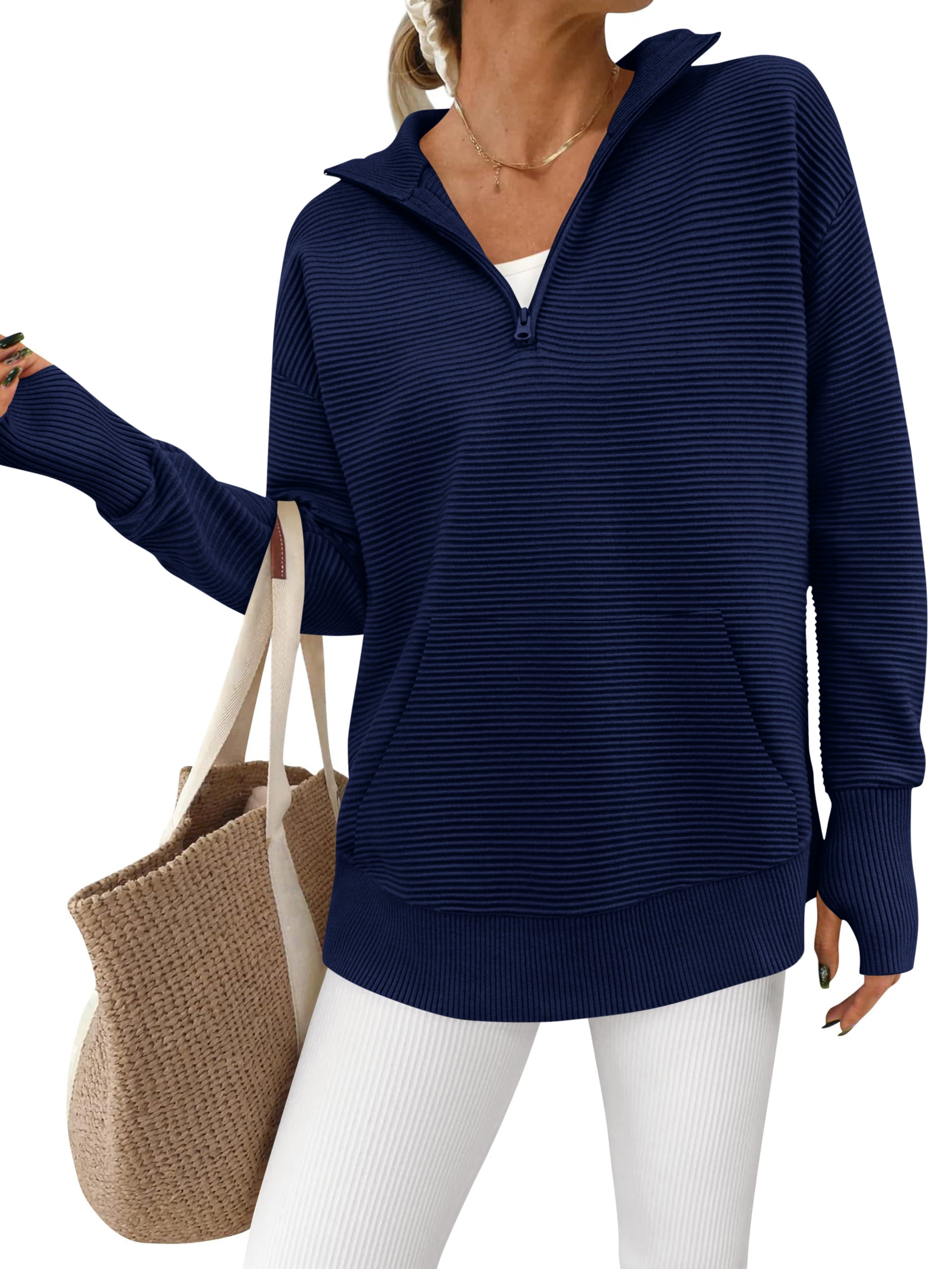 BTFBM Sweaters for Women Fall Clothes 2026 Pocket Quarter Zip Pullover V Neck Long Sleeve Knit Trendy Winter Sweater
