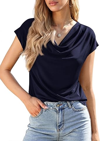 BTFBM Blouses for Women Dressy Casual Spring Summer Tops 2026 Cowl Neck Short Sleeve Shirts Work Office Business Outfits