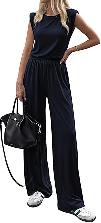 BTFBM 2 Piece Sets for Women Spring 2026 Casual Shoulder Pad Tank Top Wide Leg Pants Matching Set Travel Airport Outfits