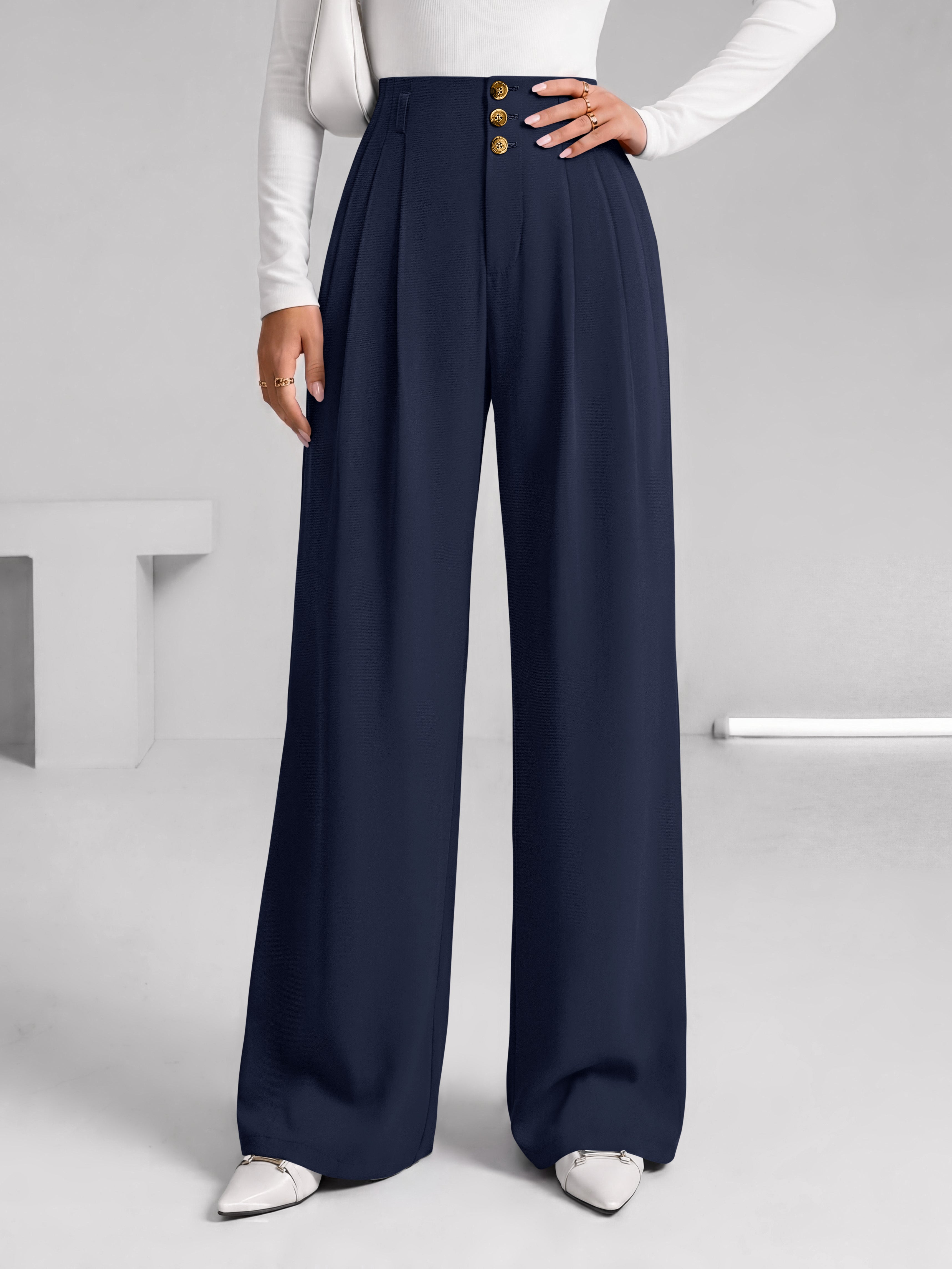 BTFBM Wide Leg Dress Pants Women Business Casual Outfits | Elastic High Waisted Palazzo Pants, Button Zip Up Closure, Pleated Office Work Trousers With Pockets, Fall Fashion 2026