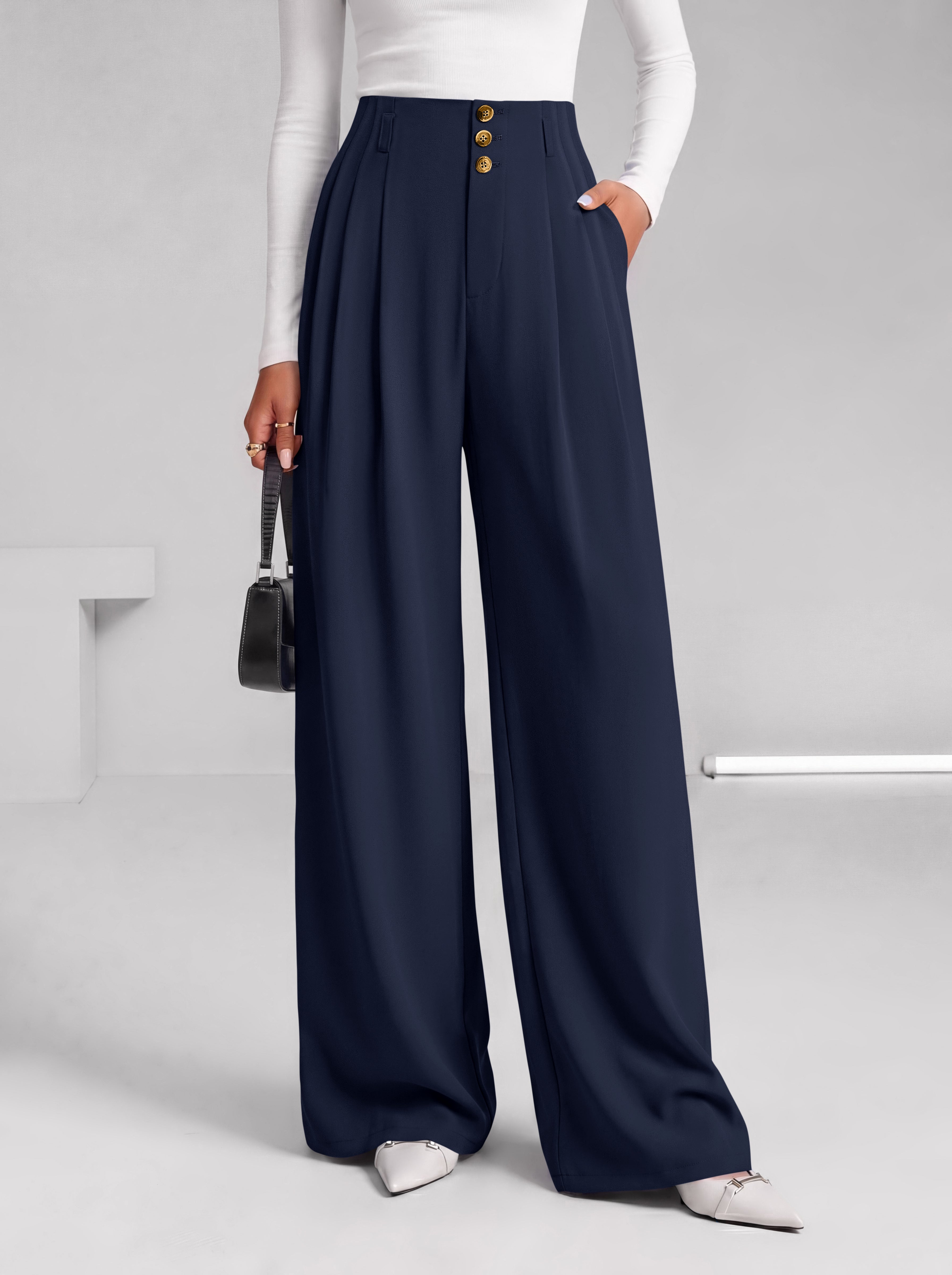 BTFBM Wide Leg Dress Pants Women Business Casual Outfits | Elastic High Waisted Palazzo Pants, Button Zip Up Closure, Pleated Office Work Trousers With Pockets, Fall Fashion 2026