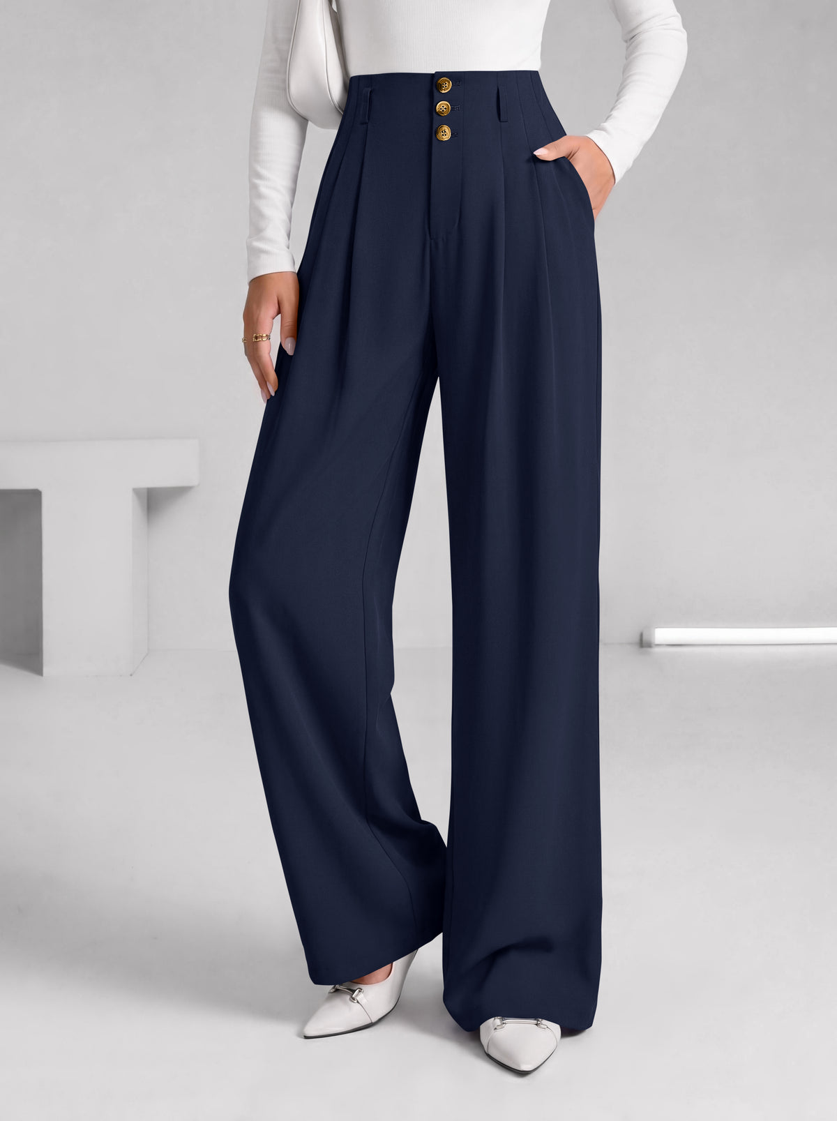 BTFBM Wide Leg Dress Pants Women Business Casual Outfits | Elastic High Waisted Palazzo Pants, Button Zip Up Closure, Pleated Office Work Trousers With Pockets, Fall Fashion 2026