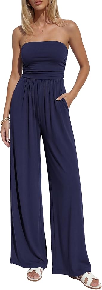 BTFBM Jumpsuits For Women Summer 2026 Beach Vacation Strapless Tube Top Jumpsuit Ruched Casual Wide Leg Pant Rompers