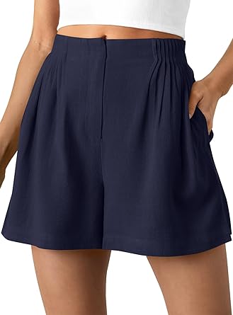 BTFBM Womens Shorts Casual 2026 Spring Summer Elastic High Waisted Pleated Cotton Shorts Beach Vacation Outfits Pockets