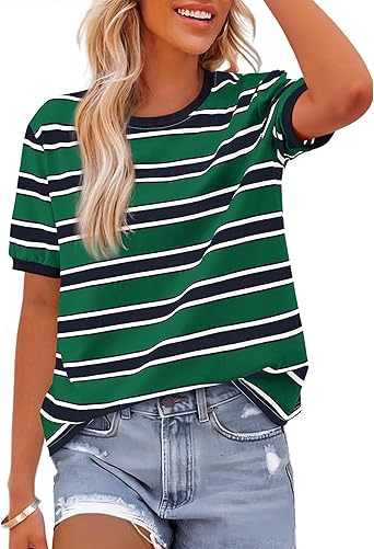 BTFBM Summer Tops for Women 2025 Crewneck Short Sleeve Striped T Shirts Casual Spring Clothes Color Block Basic Tee Blouses