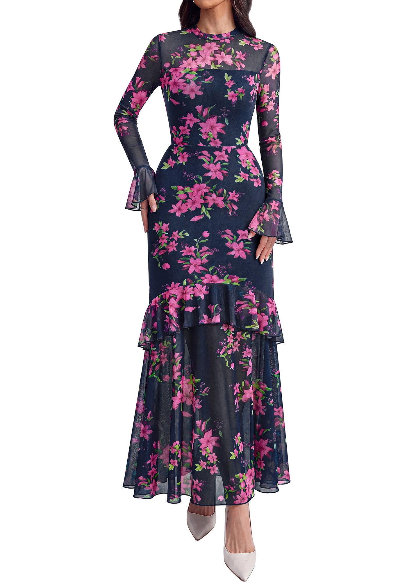 BTFBM Elegant Wedding Guest Dress Floral Long Sleeve Tiered Ruffle Maxi Dresses for Women Cocktail Prom Fall Clothes