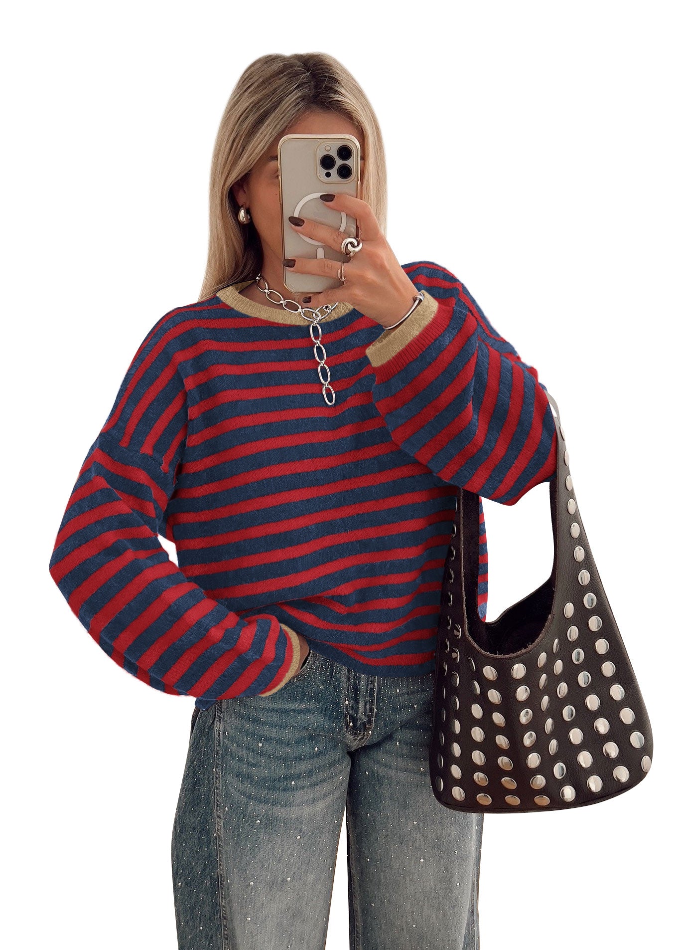 BTFBM Women's Lightweight Oversized Striped Sweater | Soft Knit Cozy Sweaters, Crew Neck Long Sleeve Pullover, y2k Color Block, Casual Holiday Outfits, Winter Fall Clothes 2026
