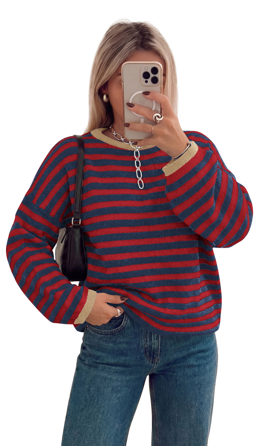 BTFBM Women's Lightweight Oversized Striped Sweater | Soft Knit Cozy Sweaters, Crew Neck Long Sleeve Pullover, y2k Color Block, Casual Holiday Outfits, Winter Fall Clothes 2026