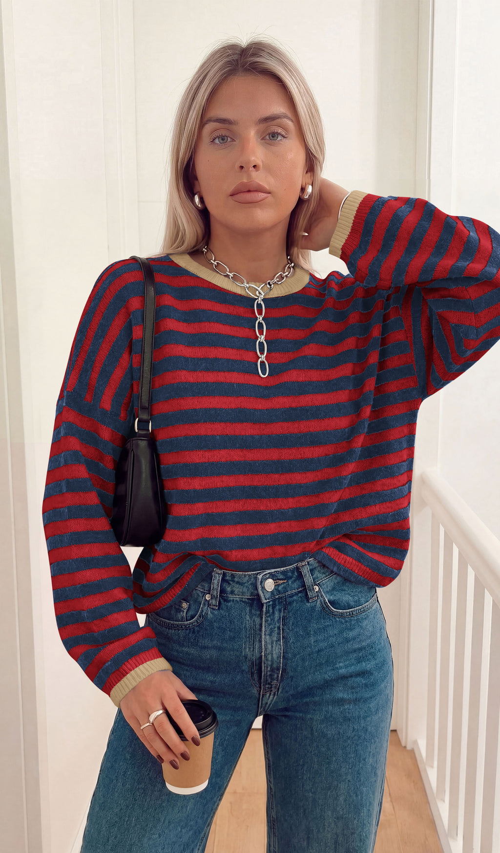 BTFBM Women's Lightweight Oversized Striped Sweater | Soft Knit Cozy Sweaters, Crew Neck Long Sleeve Pullover, y2k Color Block, Casual Holiday Outfits, Winter Fall Clothes 2026