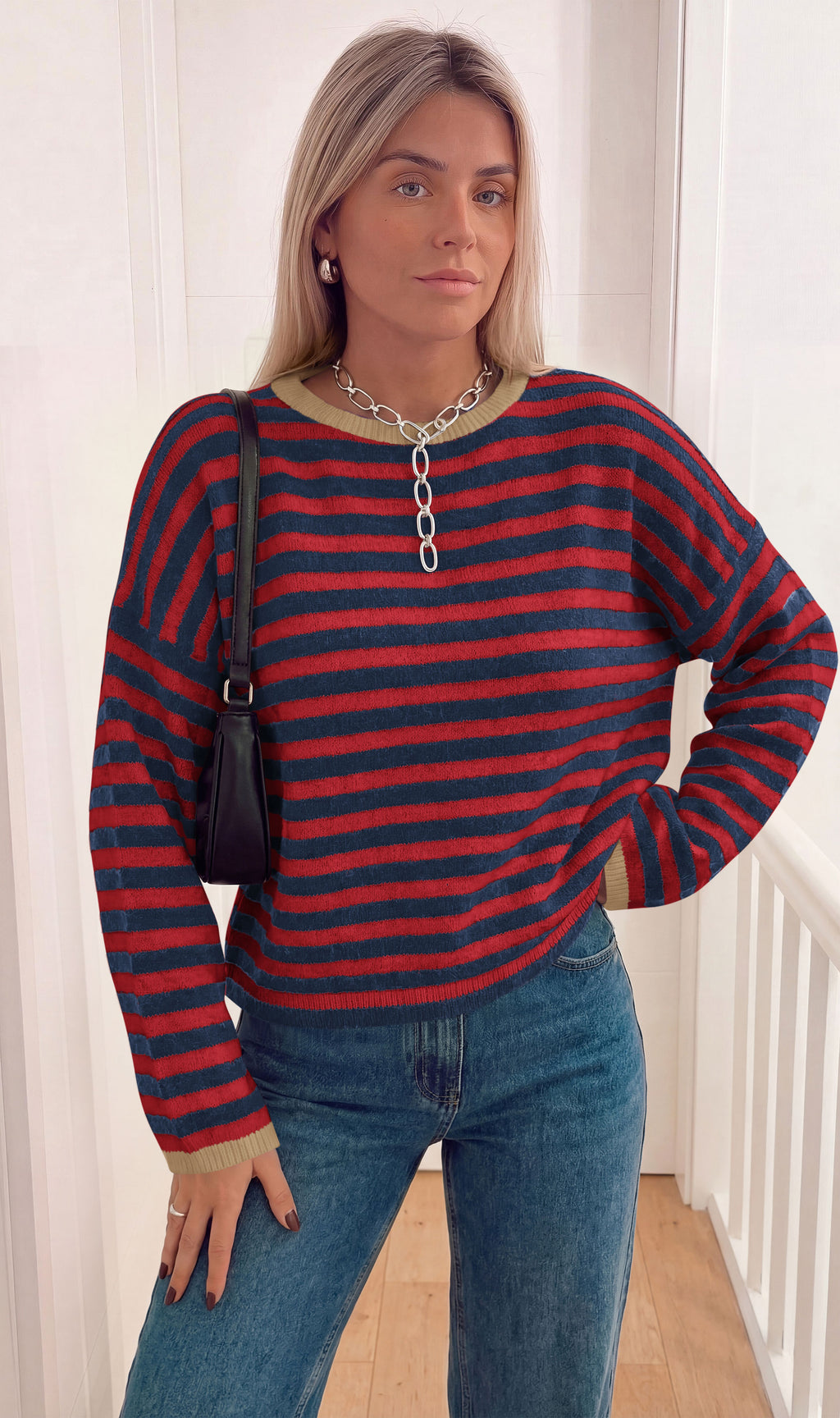 BTFBM Women's Lightweight Oversized Striped Sweater | Soft Knit Cozy Sweaters, Crew Neck Long Sleeve Pullover, y2k Color Block, Casual Holiday Outfits, Winter Fall Clothes 2026