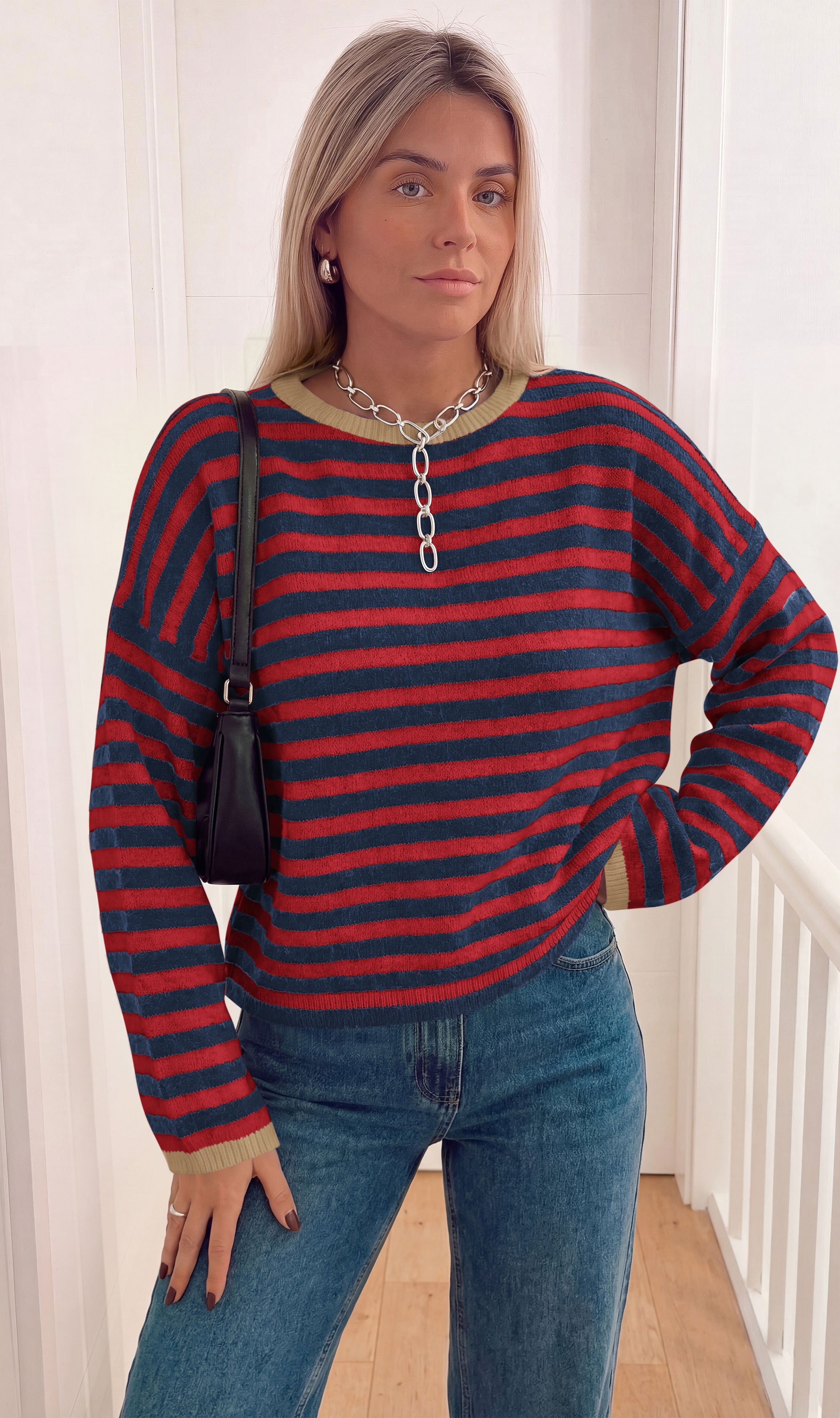 BTFBM Women's Lightweight Oversized Striped Sweater | Soft Knit Cozy Sweaters, Crew Neck Long Sleeve Pullover, y2k Color Block, Casual Holiday Outfits, Winter Fall Clothes 2026