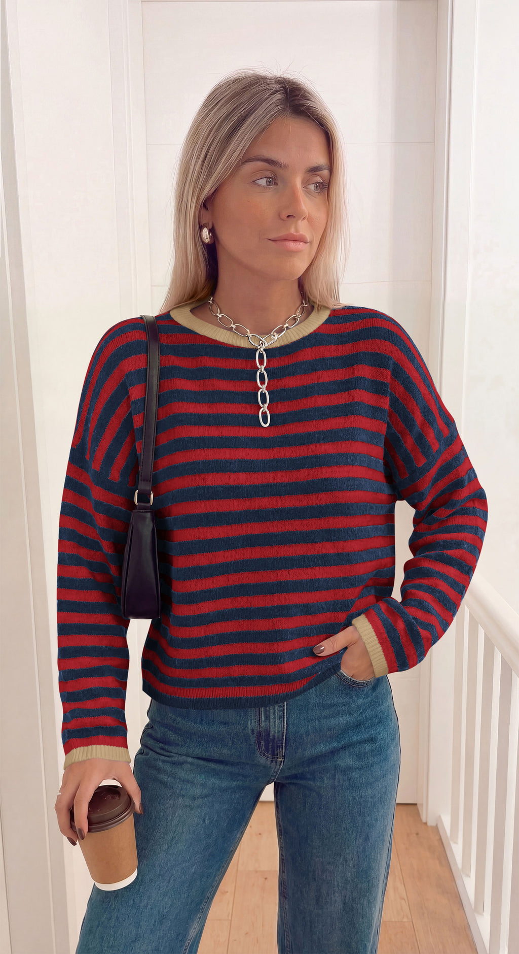 BTFBM Women's Lightweight Oversized Striped Sweater | Soft Knit Cozy Sweaters, Crew Neck Long Sleeve Pullover, y2k Color Block, Casual Holiday Outfits, Winter Fall Clothes 2026