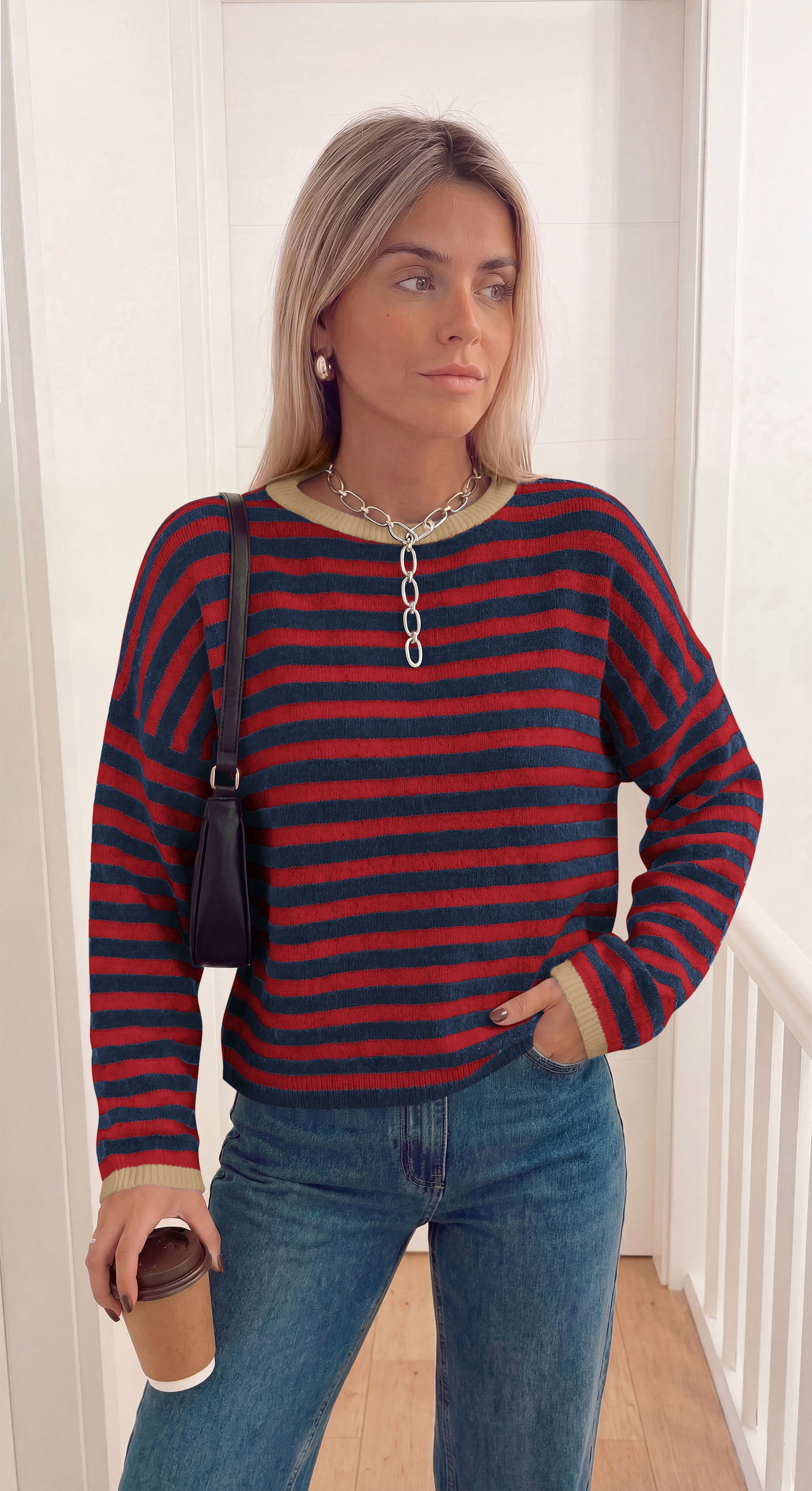 BTFBM Women's Lightweight Oversized Striped Sweater | Soft Knit Cozy Sweaters, Crew Neck Long Sleeve Pullover, y2k Color Block, Casual Holiday Outfits, Winter Fall Clothes 2026