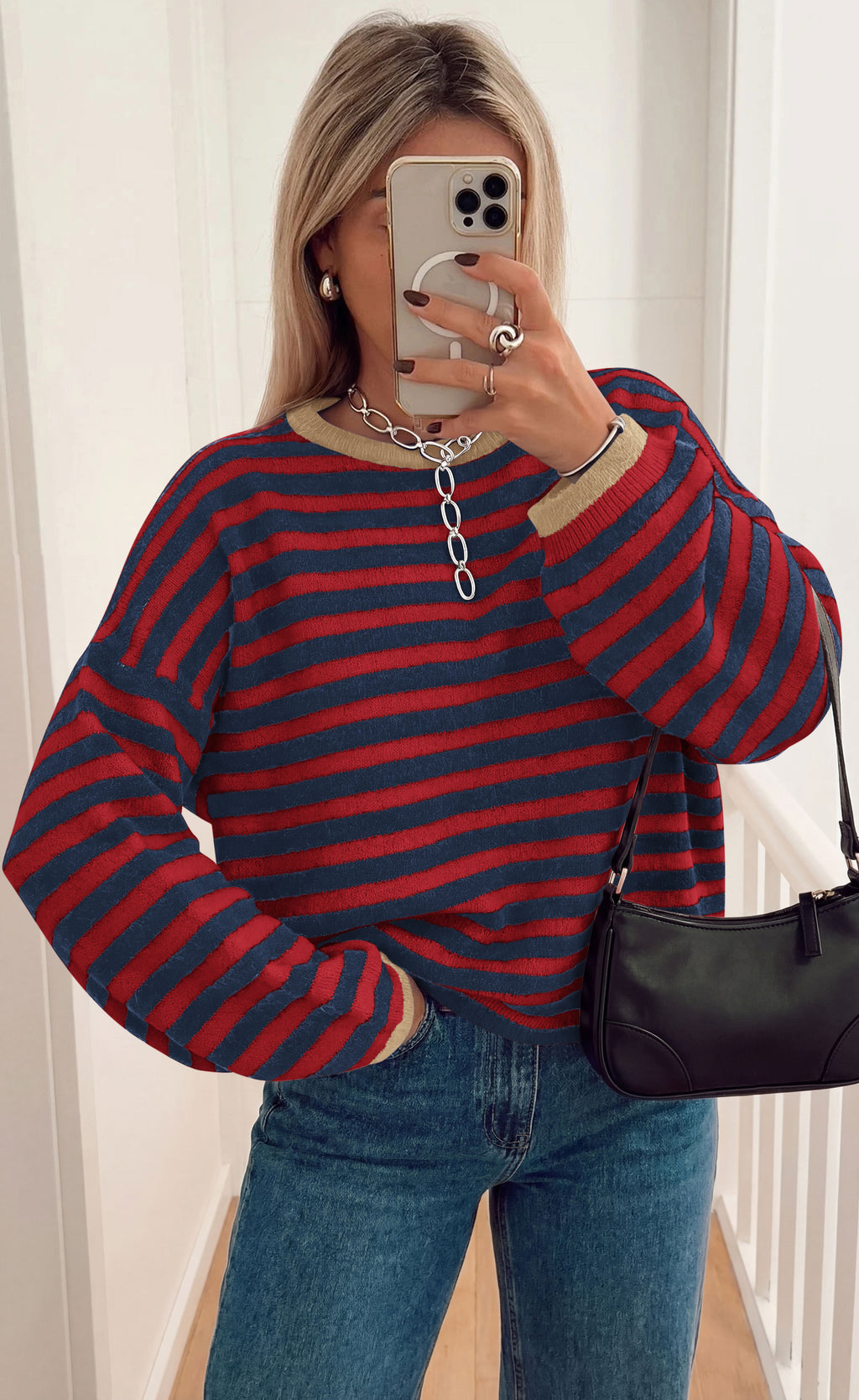 BTFBM Women's Lightweight Oversized Striped Sweater | Soft Knit Cozy Sweaters, Crew Neck Long Sleeve Pullover, y2k Color Block, Casual Holiday Outfits, Winter Fall Clothes 2026