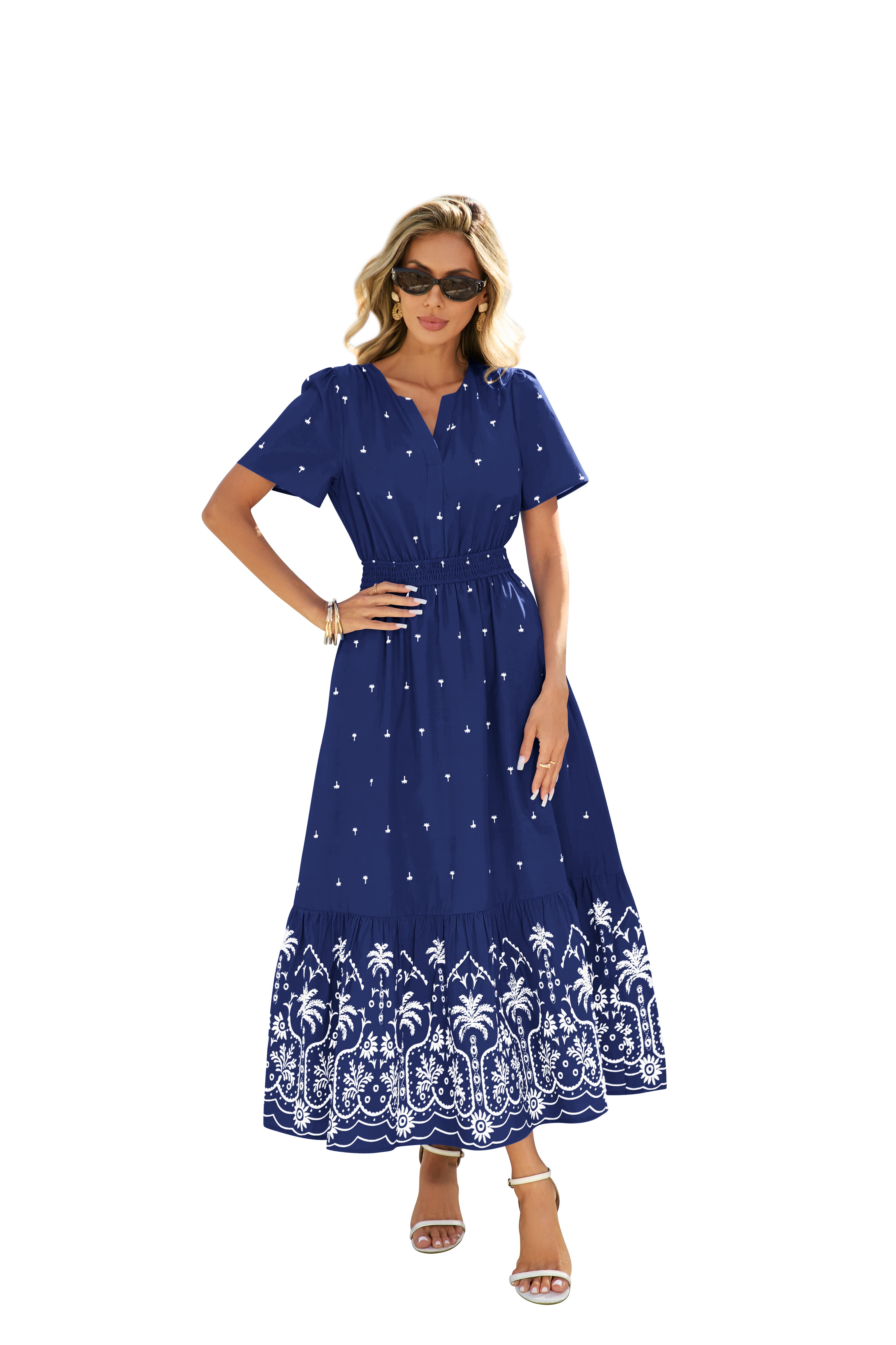 BTFBM Womens Summer Dresses 2026 Casual Short Sleeve Elastic Waist Flowy Beach Vacation Floral Boho Maxi Dress Pockets