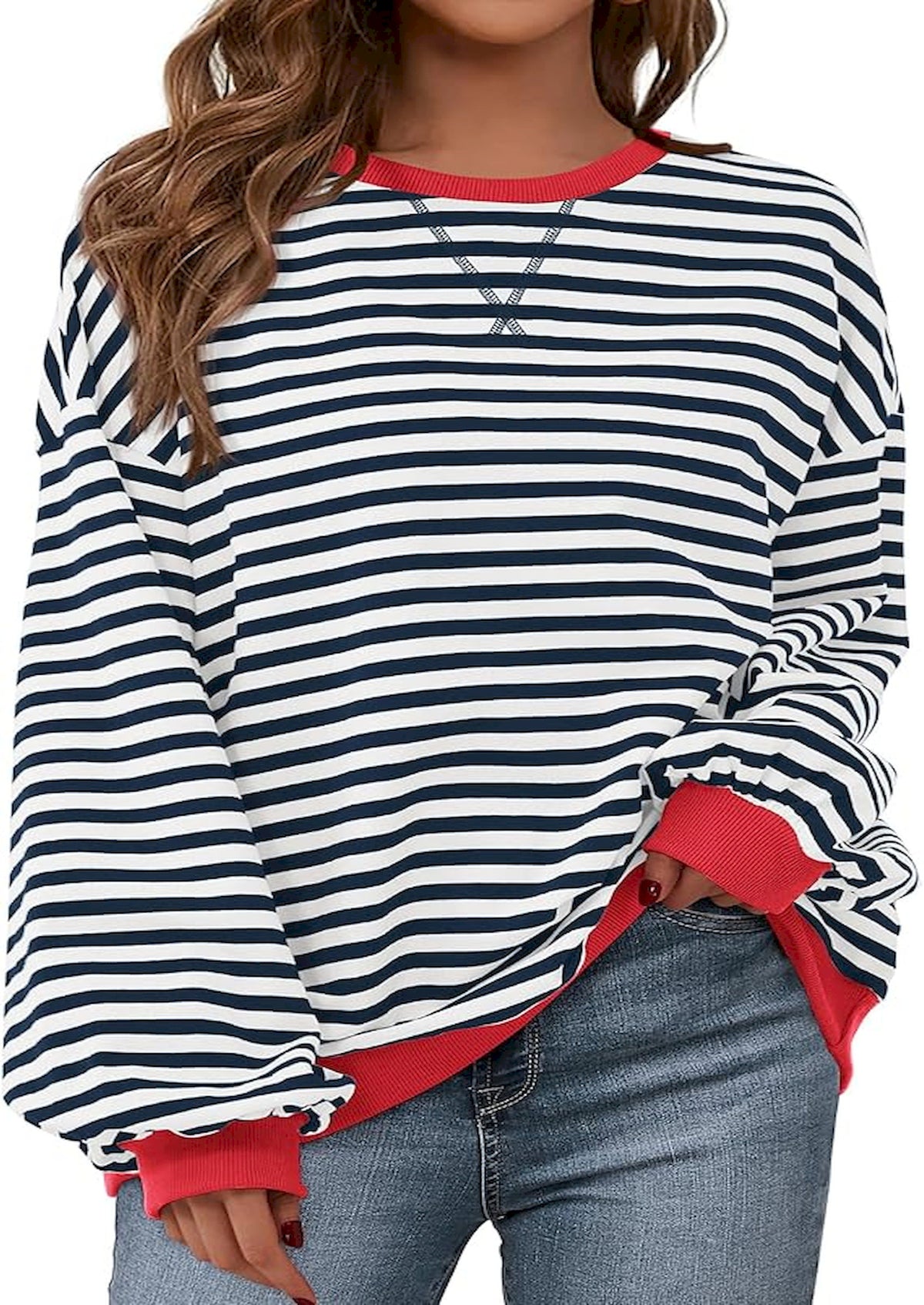 BTFBM Sweatshirt For Women 2026 Summer Crewneck Long Sleeve Oversized Striped Pullover Tops Y2K Clothes Workout Shirt