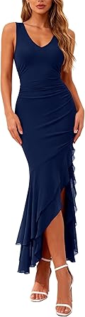 BTFBM Summer Dresses for Women 2026 Bodycon Ruched Sleeveless V Neck Solid Maxi Cocktail Wedding Guest Dress