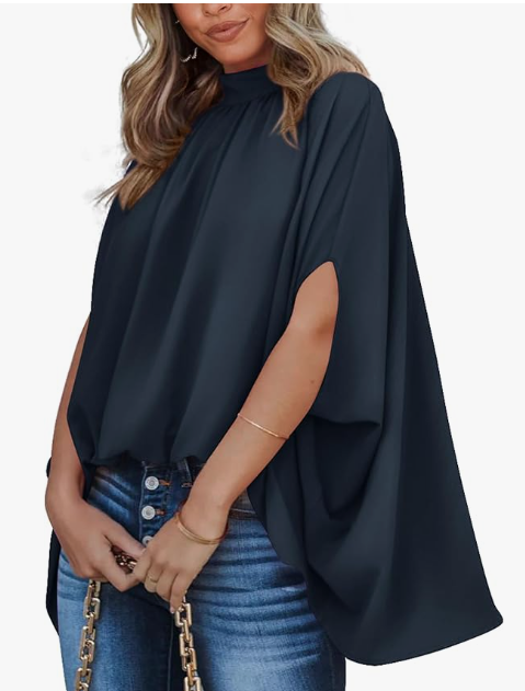 BTFBM Womens Summer Tops 2026 Mock Neck Batwing Sleeve Silk Satin Shirts Loose Oversized Dressy Casual Spring Blouses