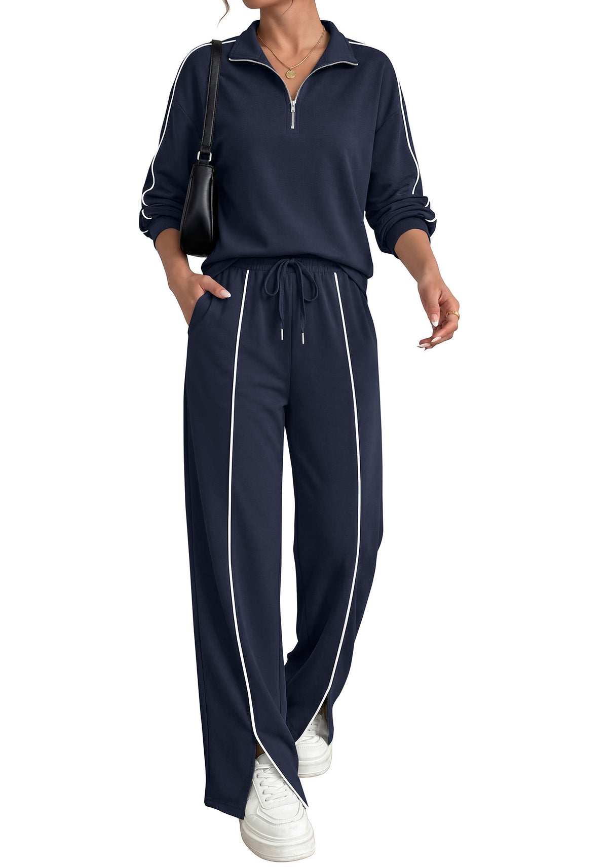 BTFBM Two Piece Sets for Women Fall Fashion 2026 Long Sleeve Half Zip Lounge Set Wide Leg Pants Vacation Airport Outfits
