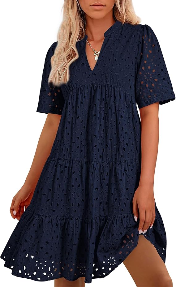 BTFBM Womens Boho Summer Dresses 2026 Spring V Neck Short Sleeve Hollow Out Lace Ruffle Casual Beach Mini Vacation Dress