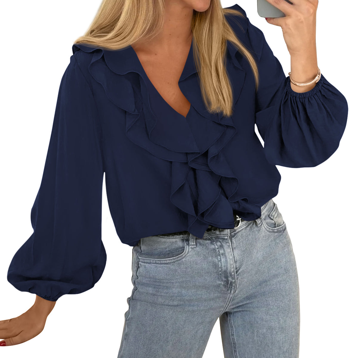 BTFBM Womens Fall Tops Ruffle Blouses Dressy Casual | Double Ruffled Collar V Neck Long Sleeve Shirts, Lightweight Fashion Clothing 2026 Trendy, Daily Business Office Work Clothes