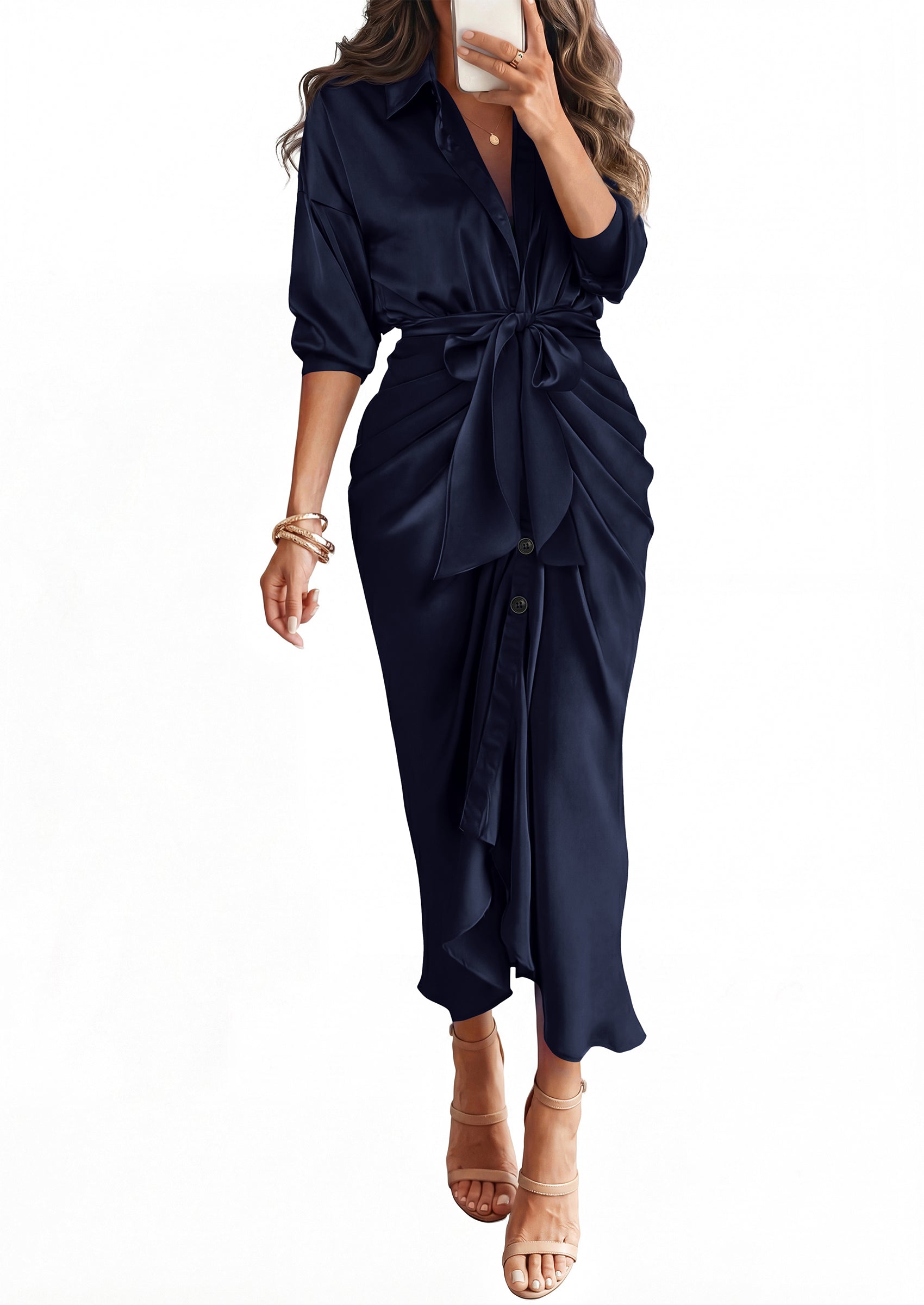 BTFBM Summer Dresses for Women 2026 Long Sleeve V Neck Button Down Elegant Belted Ruched Satin Silk Shirt Fall Dress