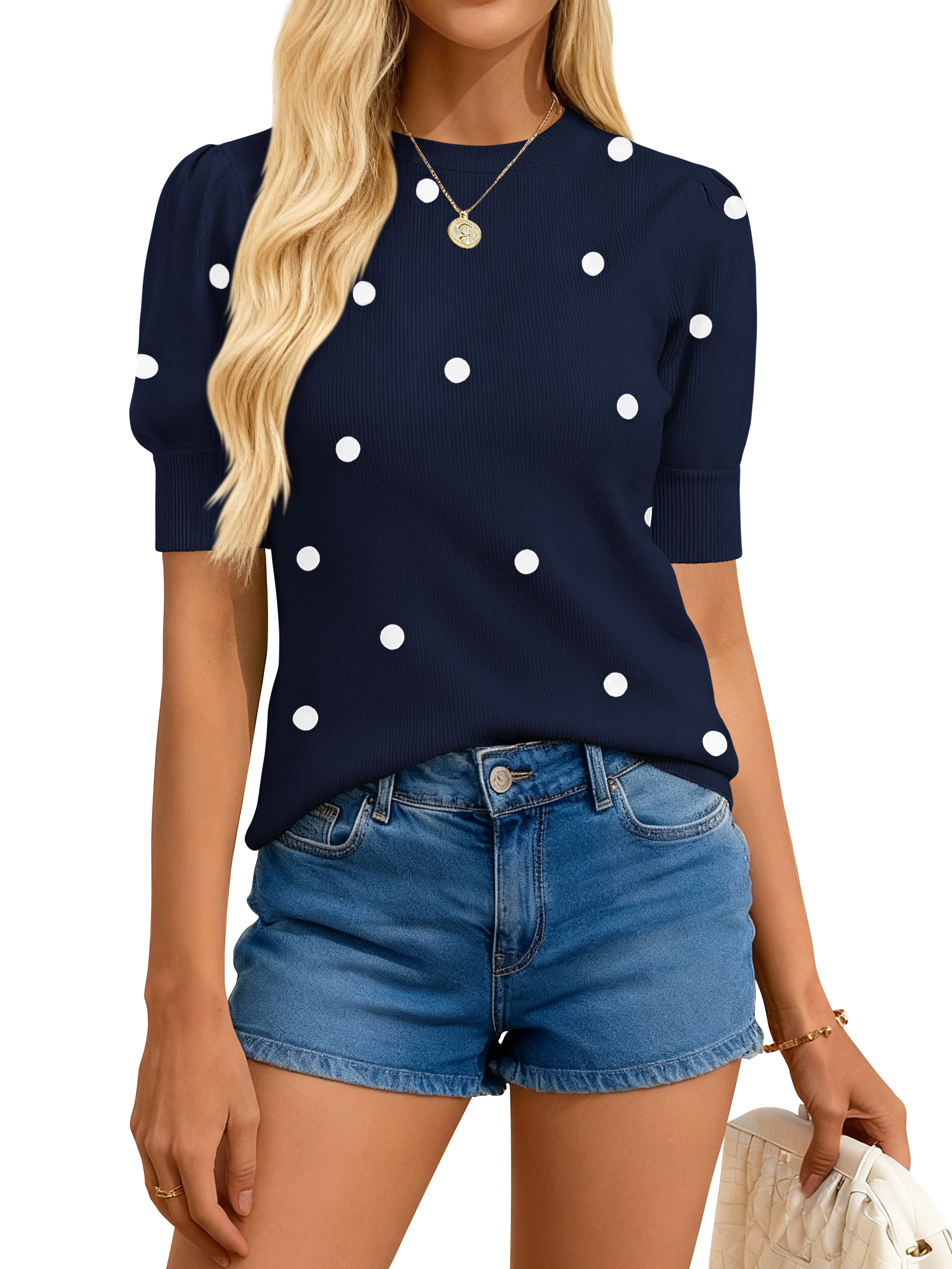 BTFBM Womens Sweaters Polka Dot Short Sleeve Sweater for Women Crew Neck Knit Summer Tops Business Dressy Casual Blouses