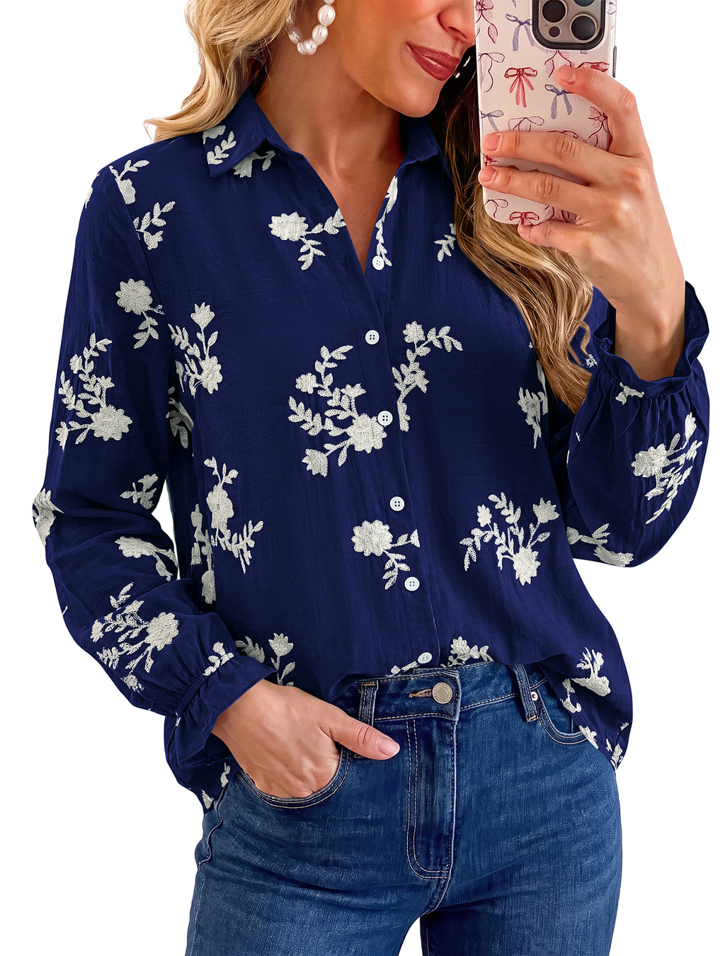 BTFBM Boho Floral Embroidered Long Sleeve Blouses for Women Dressy Casual