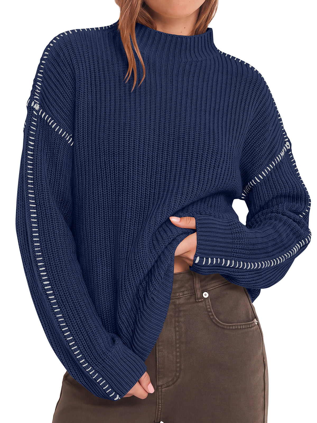 BTFBM Womens Oversized Sweaters Contrast Chunky Knit Sweater  Loose Fit Mock Neck Long Sleeve Tops, Soft Cozy Knitwear, Fall Fashion 2026, Casual Winter Clothing, Daily Going Out Outfits