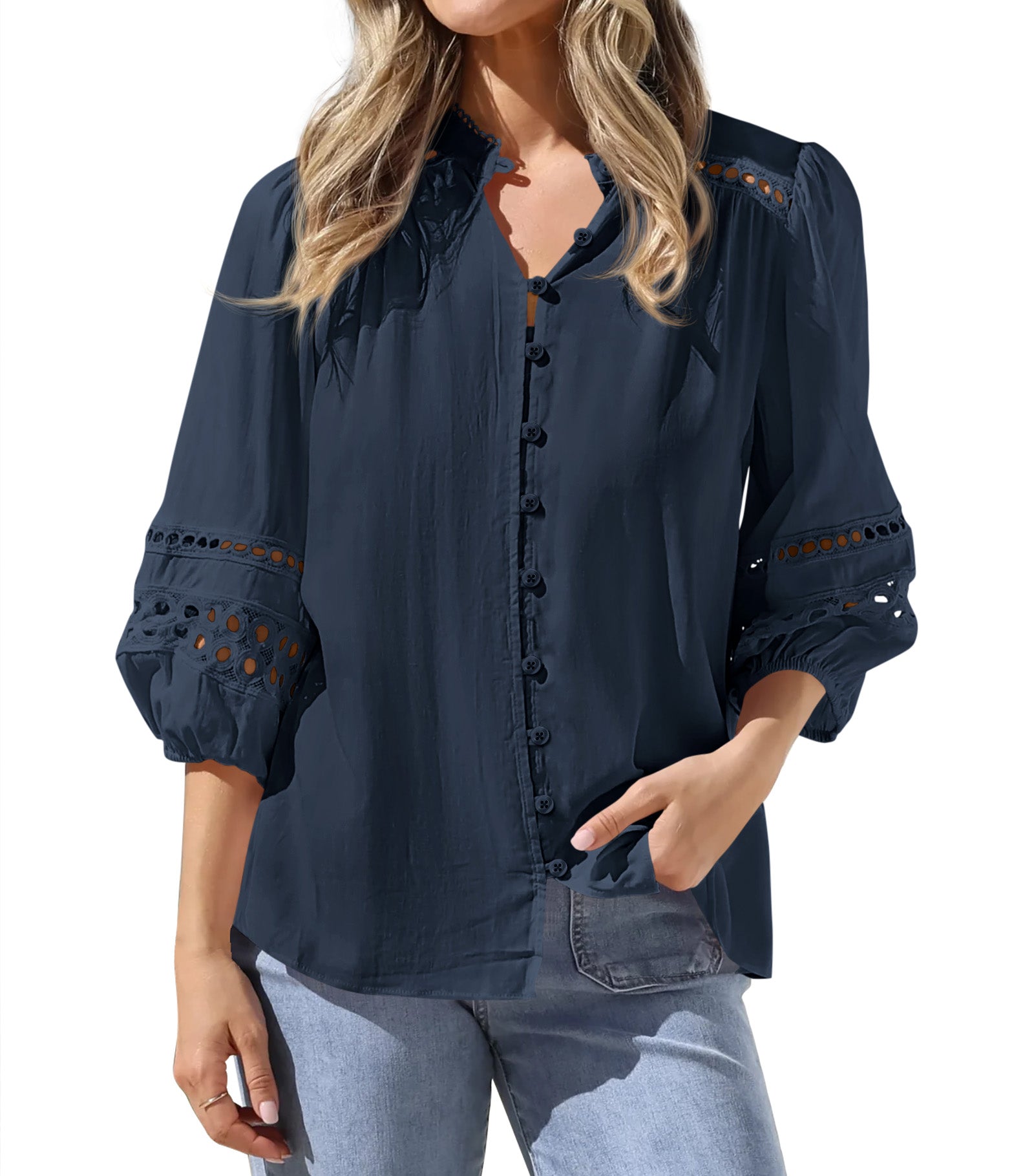 BTFBM 3/4 Length Sleeve Womens Tops Summer Blouses Eyelet Hollow Out Button Down Shirts Business Casual Outfits 2026