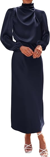 BTFBM Dresses Women Mock Neck Long Sleeve Satin Maxi Dress  Lightweight,Elastic High Waist And Cuffs,Pleated,Back Keyhole Buttons,Formal Wedding Party Cocktail Dress,Fall Outfits