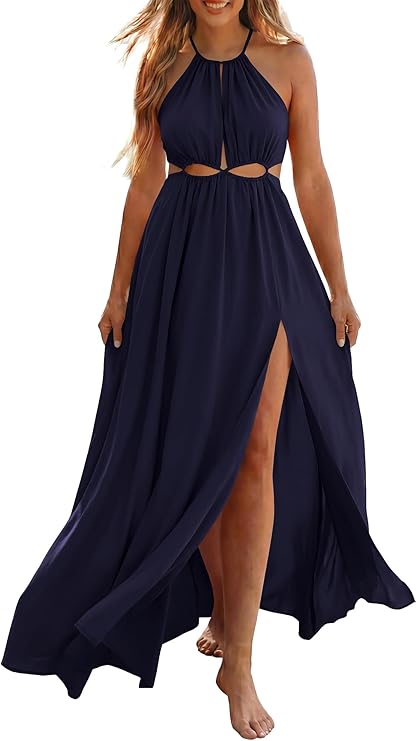 BTFBM Women Halter Summer Dresses 2026 Sleeveless Cutout Backless Sundress Slit Boho Maxi Beach Wedding Guest Dress
